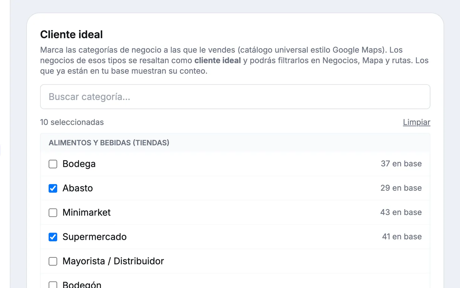 Panel de Ruta: la pantalla de Cliente ideal, con las categorías de negocio que el dueño marca como objetivo de su operación.