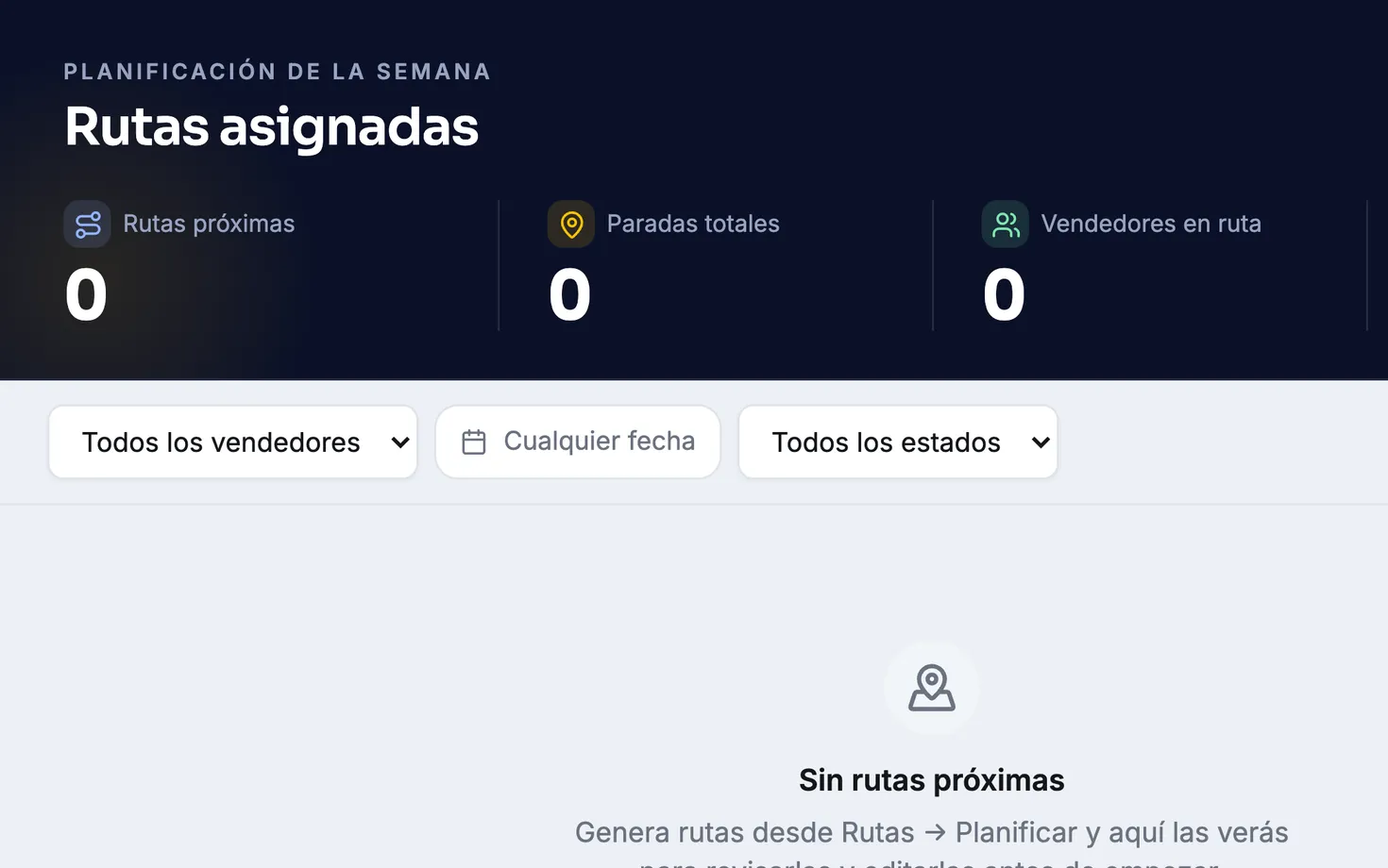 Panel de Ruta: la ruta del día generada, con las paradas numeradas, la hora estimada de llegada de cada una y el recorrido siguiendo las calles.